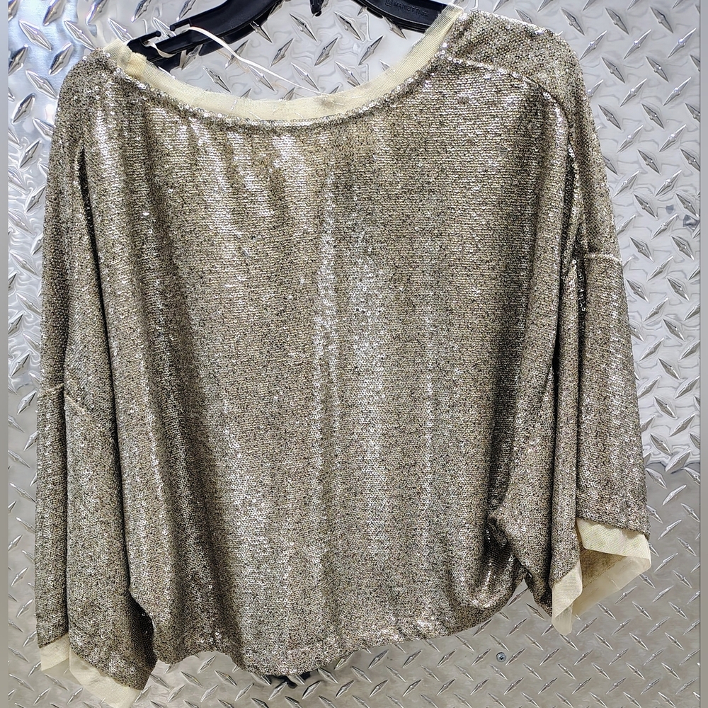 Free People Gold Sequin Oversized Flowy Swing Top 3/4 Sleeves Women's Sz S/M - Picture 2 of 5